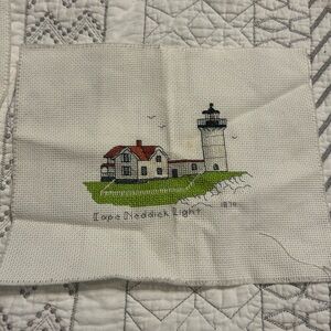Cape Neddick Lighthouse Cross Stitch Embroidery - Cream, Red, Green, Black